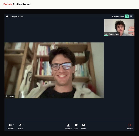 Two debaters on a Debate it Live Round video call